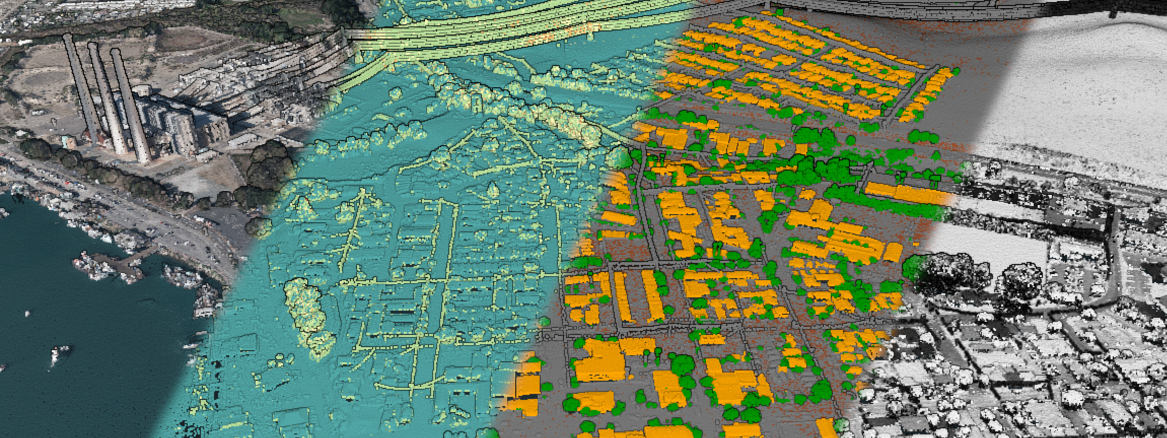 A visualization of the CA13 point cloud showing four different attributes (color, number of returns, classification, intensity)